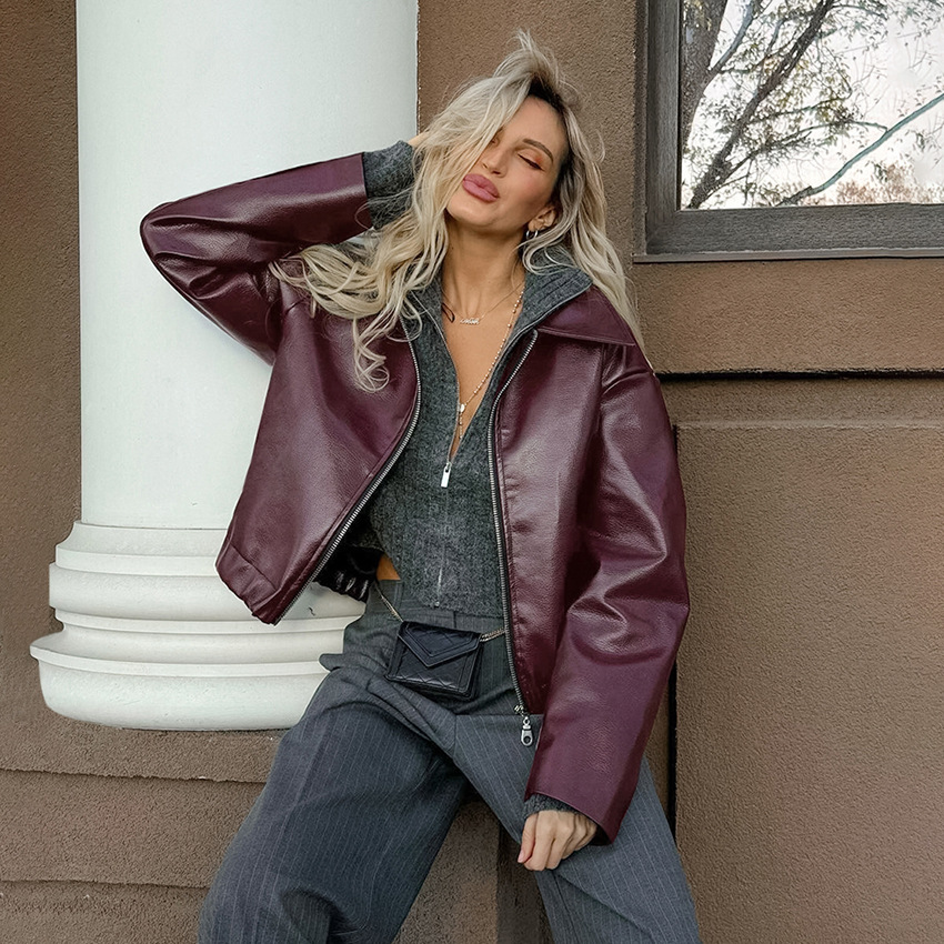 Picture of Retro Motorcycle Style Burgundy Leather Jacket for Women 2025 Autum European and American Fashionable Matte Leather Jacket Cross-Border Women's Clothing