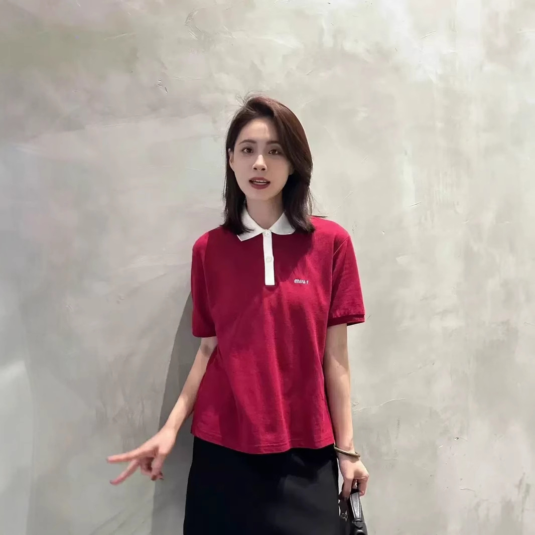 Miumiu 2022 New Polo Collar Short-Sleeved T-Shirt Women's Casual Slim Casual Sports Shirt Versatile