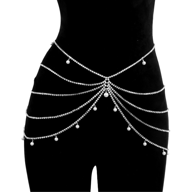 High-grade dress waist accessories full-diamond tassel rhinestone chain pearl fashion versatile European and American waist chain