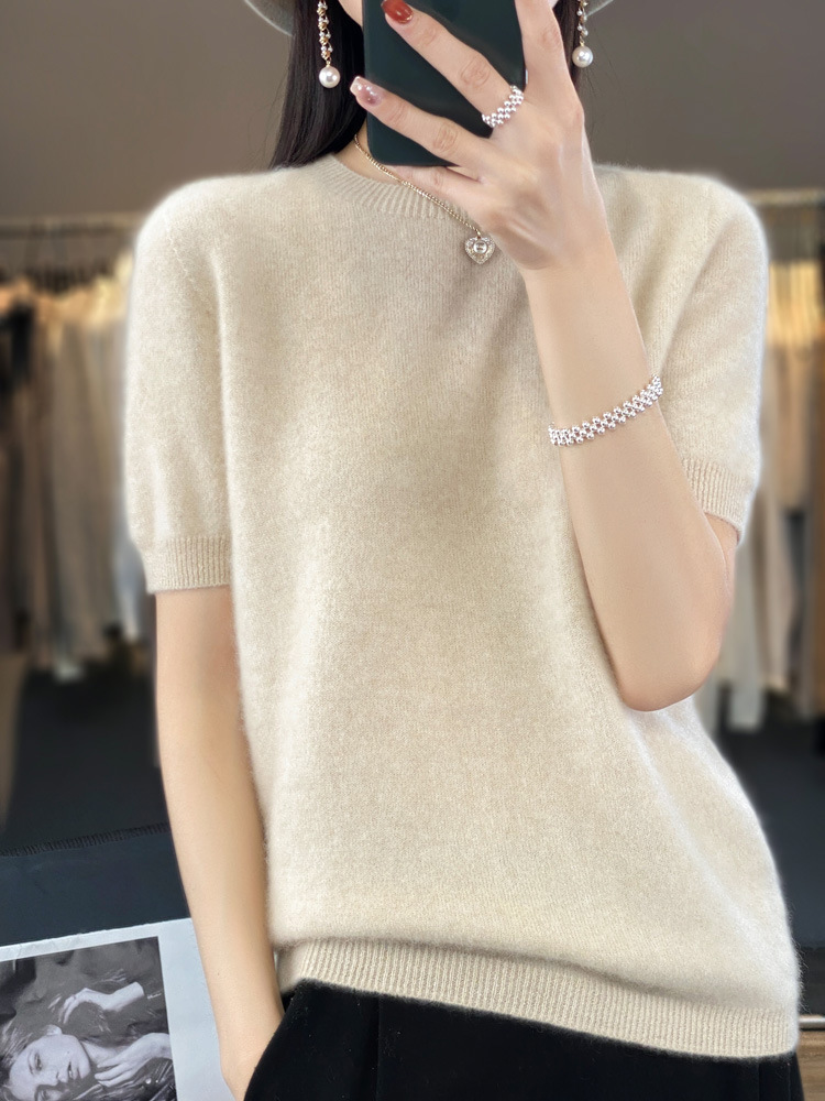 2024 autumn and winter new first-line clothing round neck pure wool short sleeve women's solid color all-match top half sleeve sweater