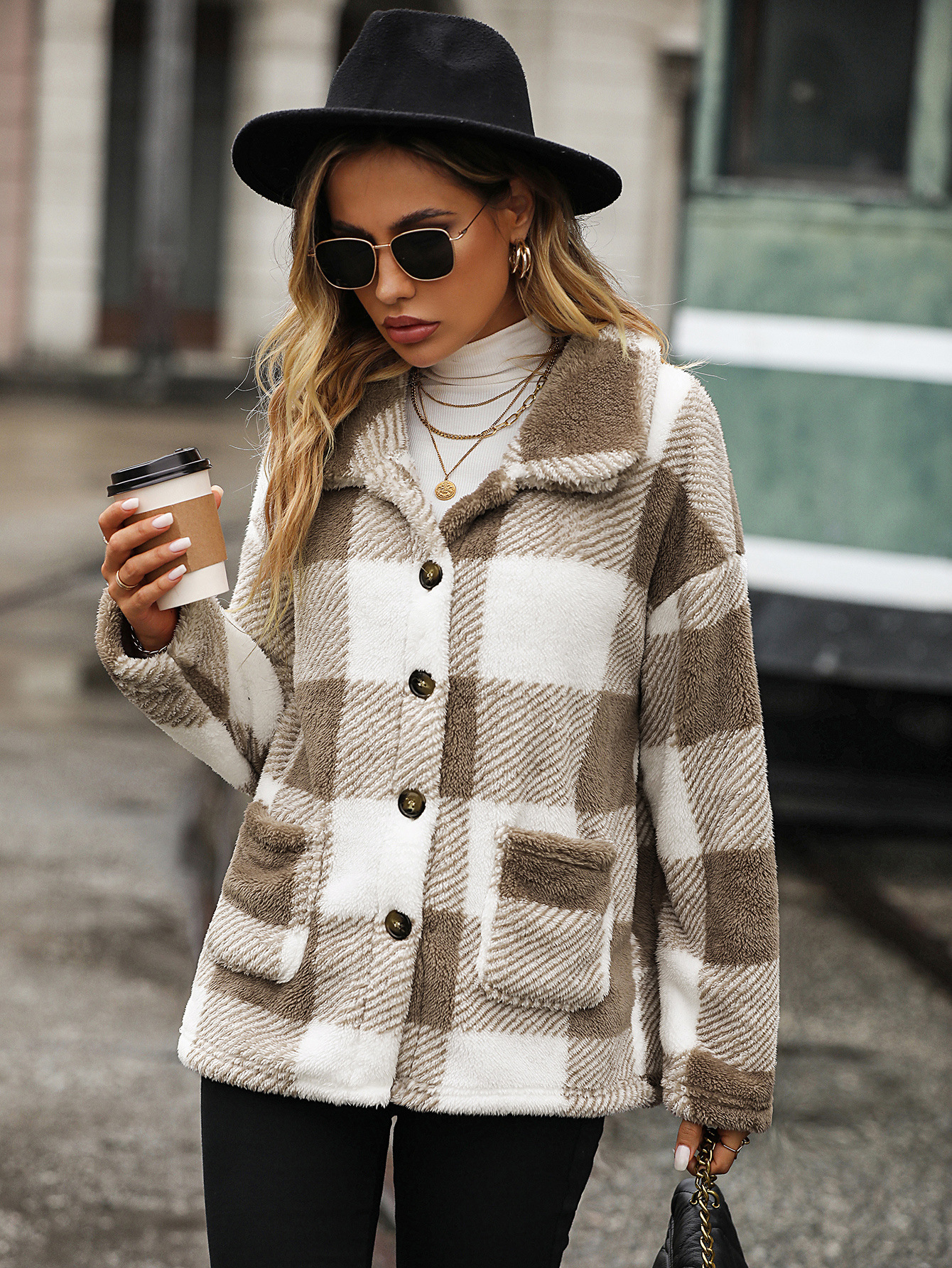 Picture of Flash velvet European and American fashion autumn and winter women's lapel long sleeve long plaid single breasted double-sided velvet casual coat