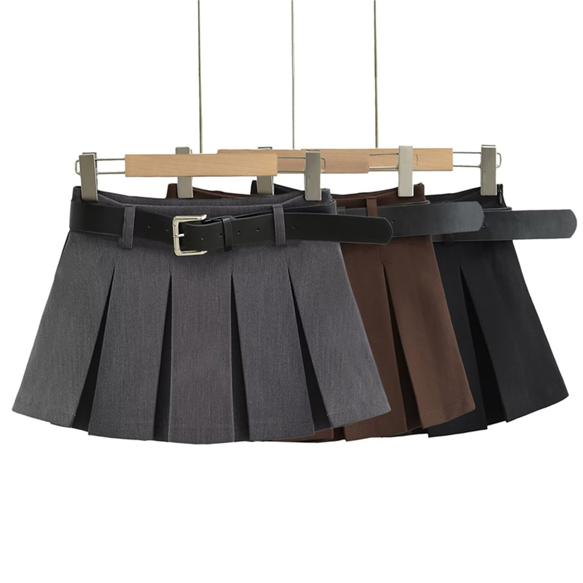 2024 Summer New American Style Retro Short Pleated Skirt College Style High Belt Belt Skirt