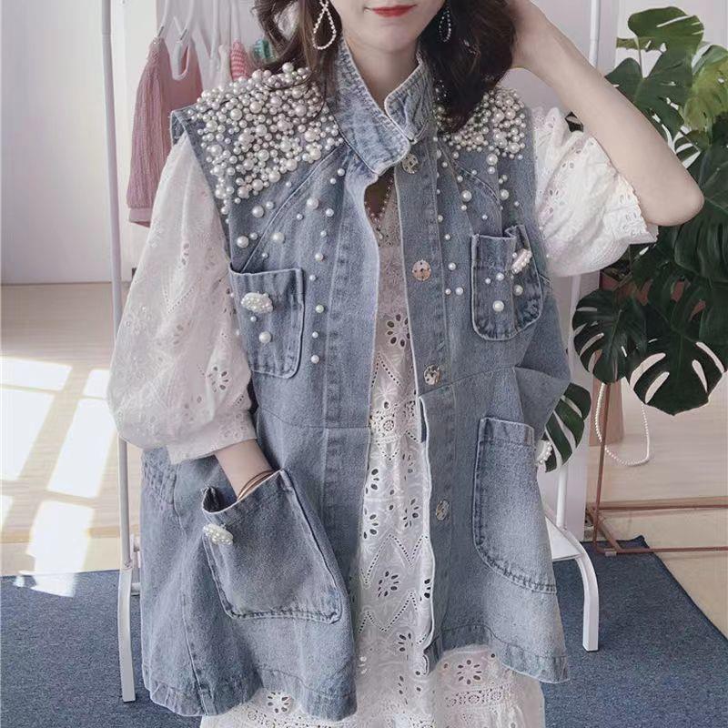 Denim vest for women 2022 spring and summer new heavy work shoulder Pearl Coat waistcoat loose BF jacket cardigan fashion