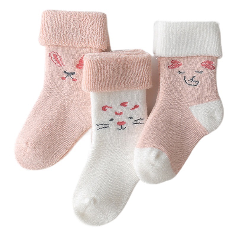 New Autumn and Winter Thickened Children's Socks Cartoon Turned Lengthened Velvet Baby Socks Warm Cotton Newborn Baby Socks
