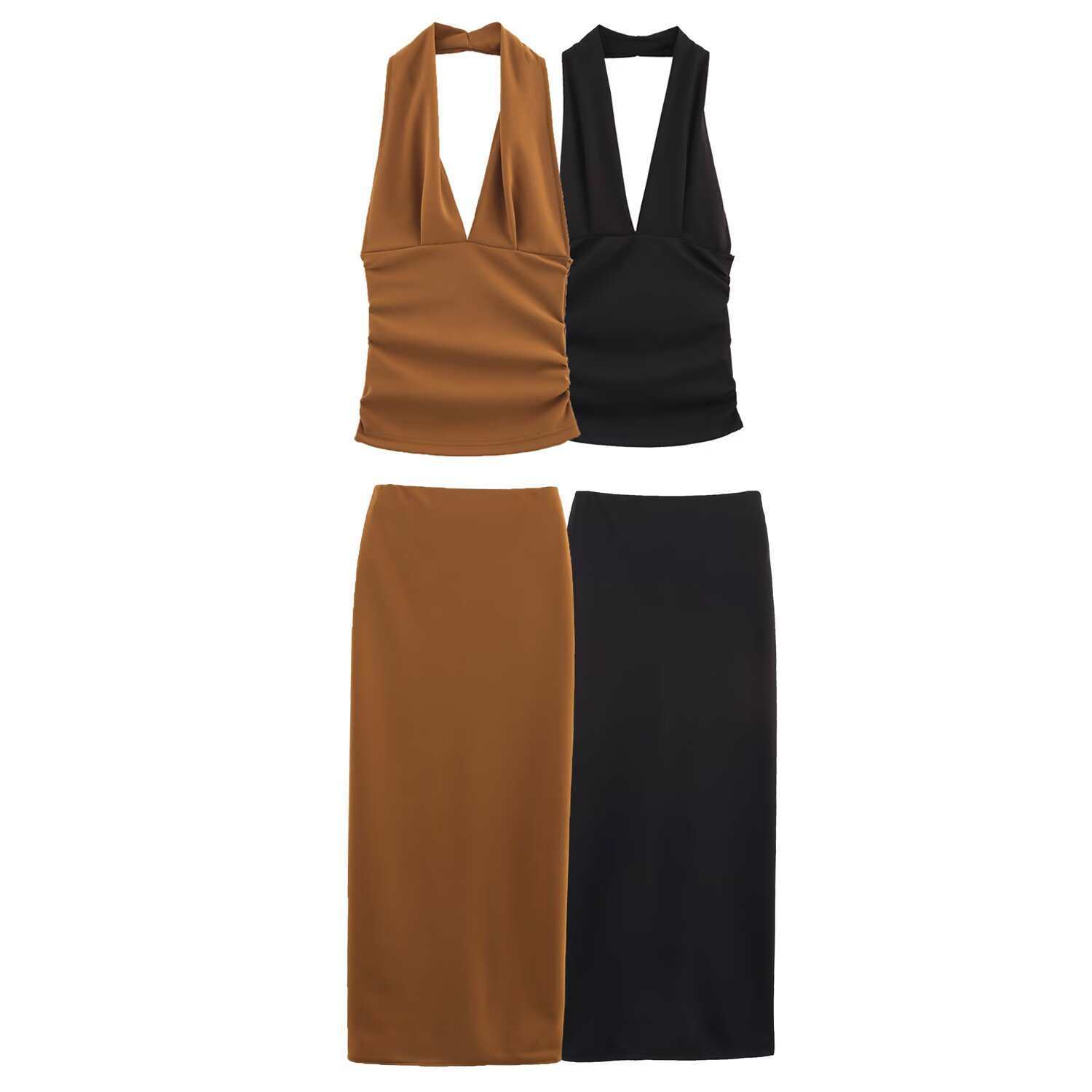 Suit Halterneck New Women's Pleated Collar Cross-Border European and American Spring Brown Top Woven