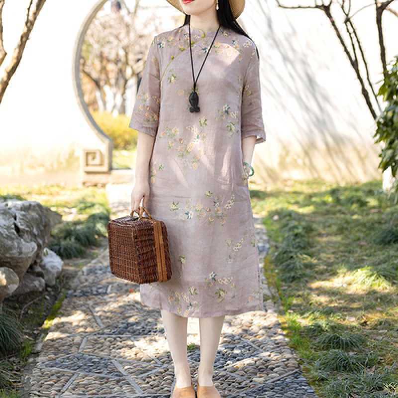 2022 summer new ramie vintage printed cheongsam improved artistic temperament cotton linen stand collar dress