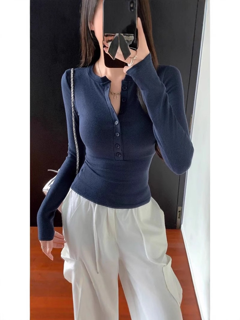 Autumn and Winter Niche Spice Girls Tight Shoulder Long-sleeved T-shirt Women's Semi-open Collar Base Shirt Slim-fit Chic Inner Top