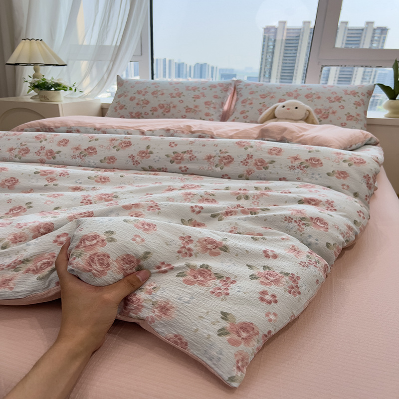 Picture of Double-Layer Gauze Wrinkled Cotton Bed Four-Piece Set Small Fresh Quilt Cover Home Ins Style Floral Summer New Three-Piece Set