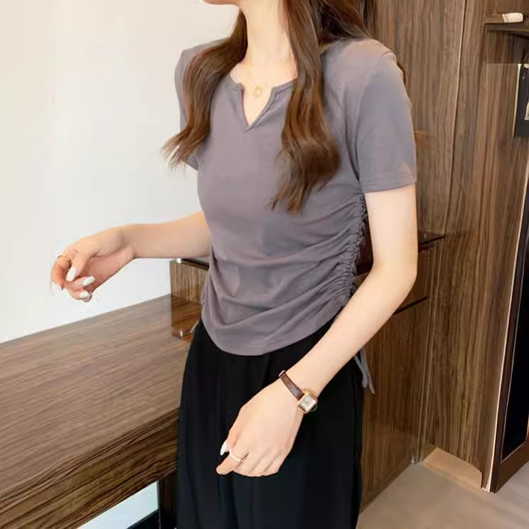 Picture of Designed V-Neck Drawstring Slim-Fit Pure Desire Style Short-Sleeve T-Shirt for Women, 2025 Summer New Solid Color Student Top Trendy