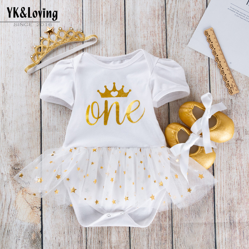 Picture of Amazon Children's Clothing Children's Dress Baby's Holiday White Dress Three-Piece Set Baby One-Year-Old Dress Pouchsuit Set