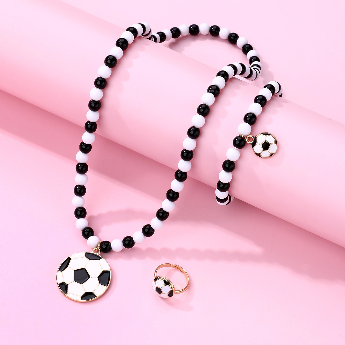 Cross-border Hot Sale Football Beaded Bracelet Necklace Ring suit Alloy Oil Dropping Sports Wind Boy Gift Wholesale