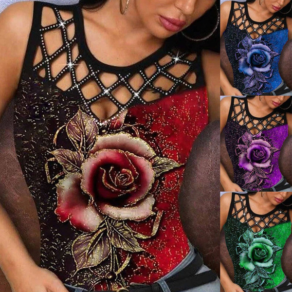2023 European and American summer women's new ebay independent station wish3D rose hollow Vest Women's T-shirt top