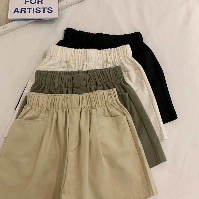 Cotton summer elastic waist wide leg shorts women's loose pants small high waist black thin sports casual pants