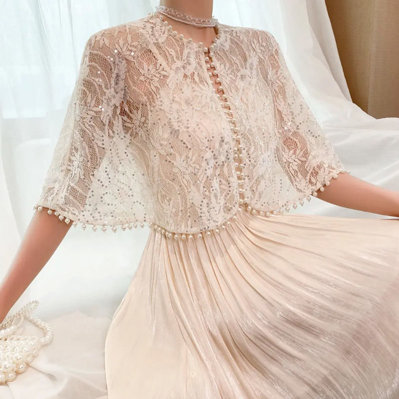 Picture of Summer 2025 Elegant Annual Meeting Wedding Shawl Cardigan Chinese Style Lace Thin Cheongsam Poncho Shawl Jacket