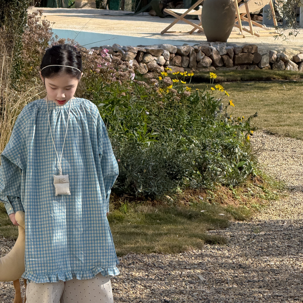Picture of Children's Skirt 2025 Spring Female Baby Korean Style Lace Plaid Long Skirt Children's Long Sleeve Casual Loose Blouse dress