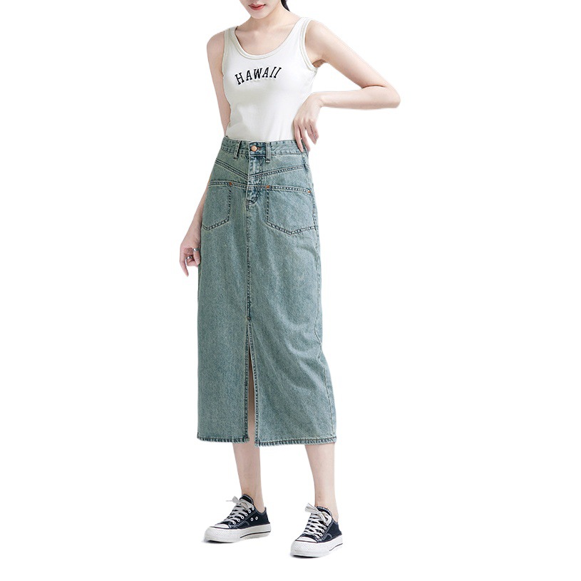 Mint Green Denim Skirt Mid-length Retro Nostalgic High Waist Split Slimming Thin A- line Hip Skirt for Summer