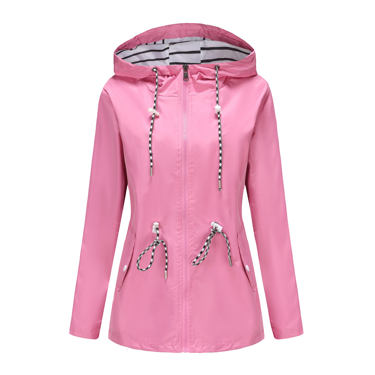 Picture of Autumn/Winter Coat European and American women's trench coat cross-border women's long hooded striped splash-resistant raincoat