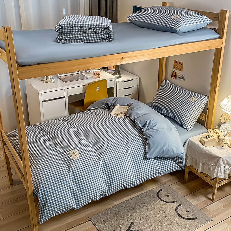 Picture of Bedding Three-Piece Set for Single Bed, Plaid Bed Sheet, Duvet Cover, Solid Color Set, Six-Piece Set for Student Dormitory, Reactive Printing and Dyeing