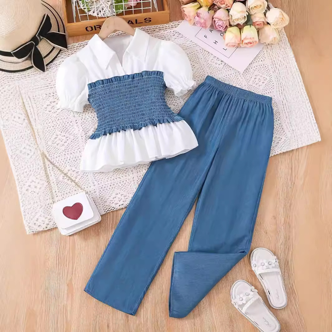 Cross-border foreign trade new summer children's clothing European and American fashion girls do jacket wide leg pants two-piece suit big children