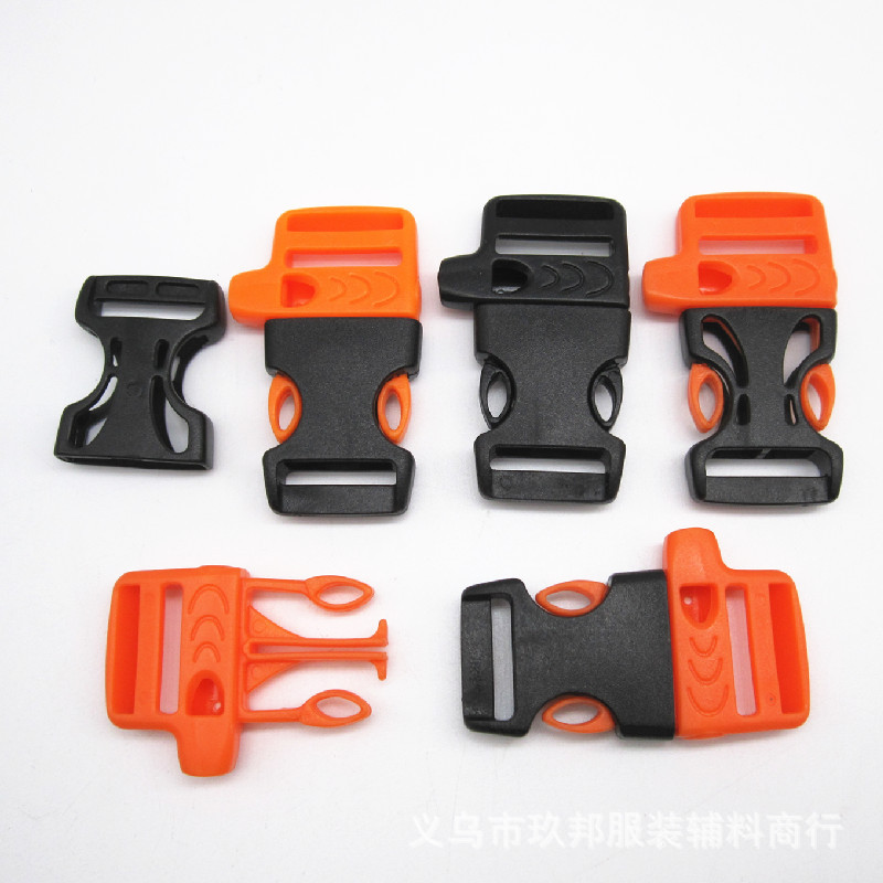 In stock supply 2CM whistle buckle outdoor life-saving sports plastic orange plus black buckle with whistle buckle