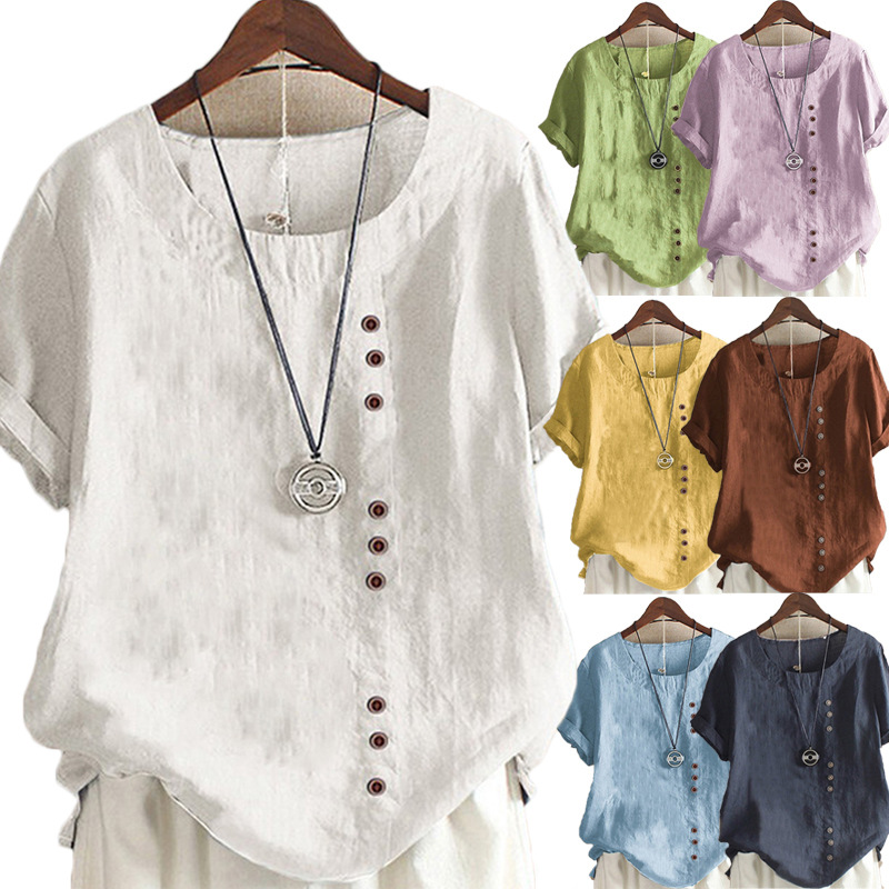 2022 European and American cross-border Amazon wish new women's short-sleeved T-shirt cotton and linen casual solid color retro top for women