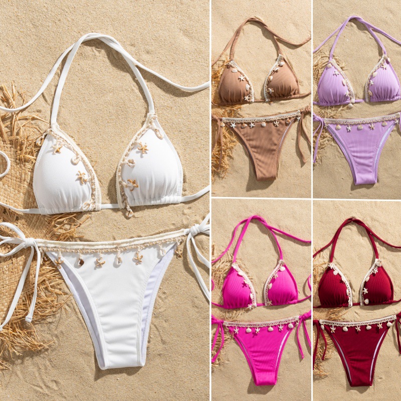 European and American Swimwear Women's 2024 New Lace-up Neck Triangle Cup Beach Sexy Swimsuit Amazon Spa Bikini