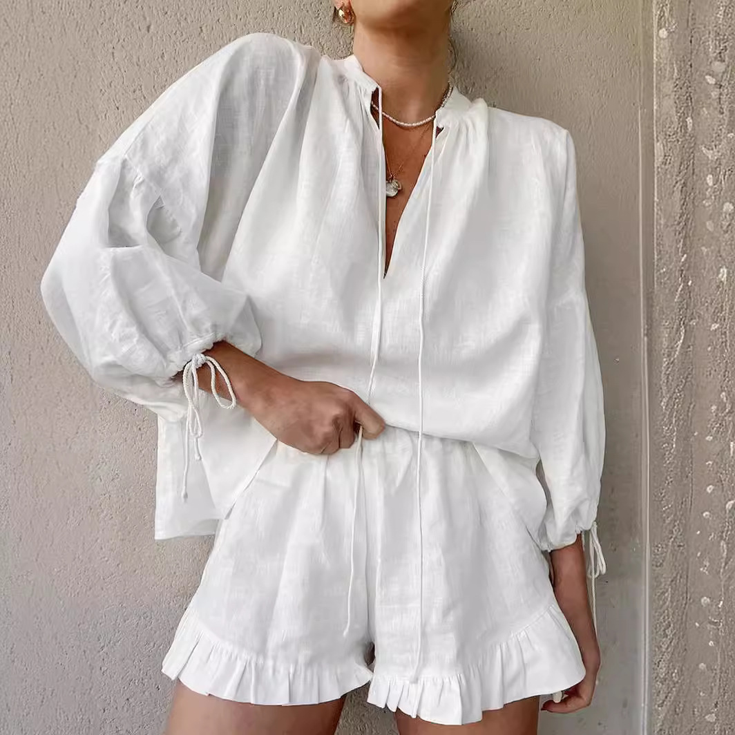 Fashion Cotton Linen Solid Color Loose V-neck Lantern Sleeve Shorts Two-piece Set Summer All-match Sexy Lace-up High Waist suit