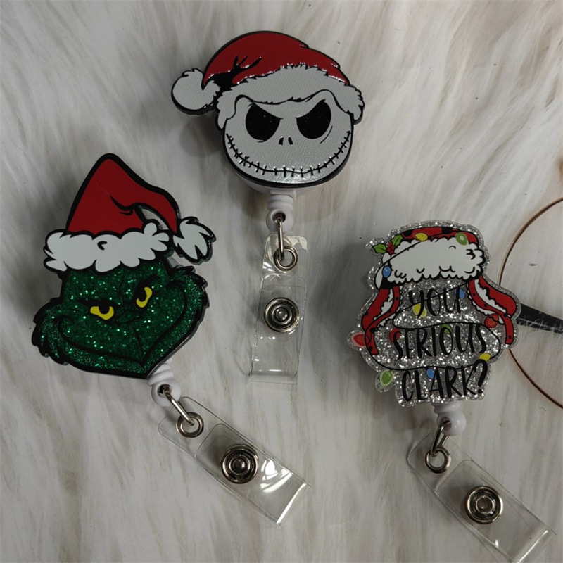 Amazon Santa Claus badge retractable ID key chain acrylic glitter plate scroll easy pull buckle in stock