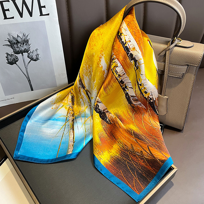 Picture of Spring and Autumn Thin Japanese and Korean Sweet Champagne Color Small Floral Silk Mulberry Silk 70cm Square Scarf Silk Scarf Hair Band Headwear Women