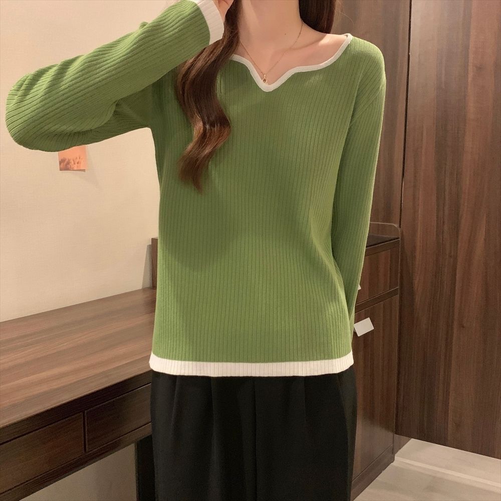 Picture of Large Size Sweater Women's 2022 New Autumn Design Contrasting Color Square Collar Clavicle Base Shirt Slim Shirt