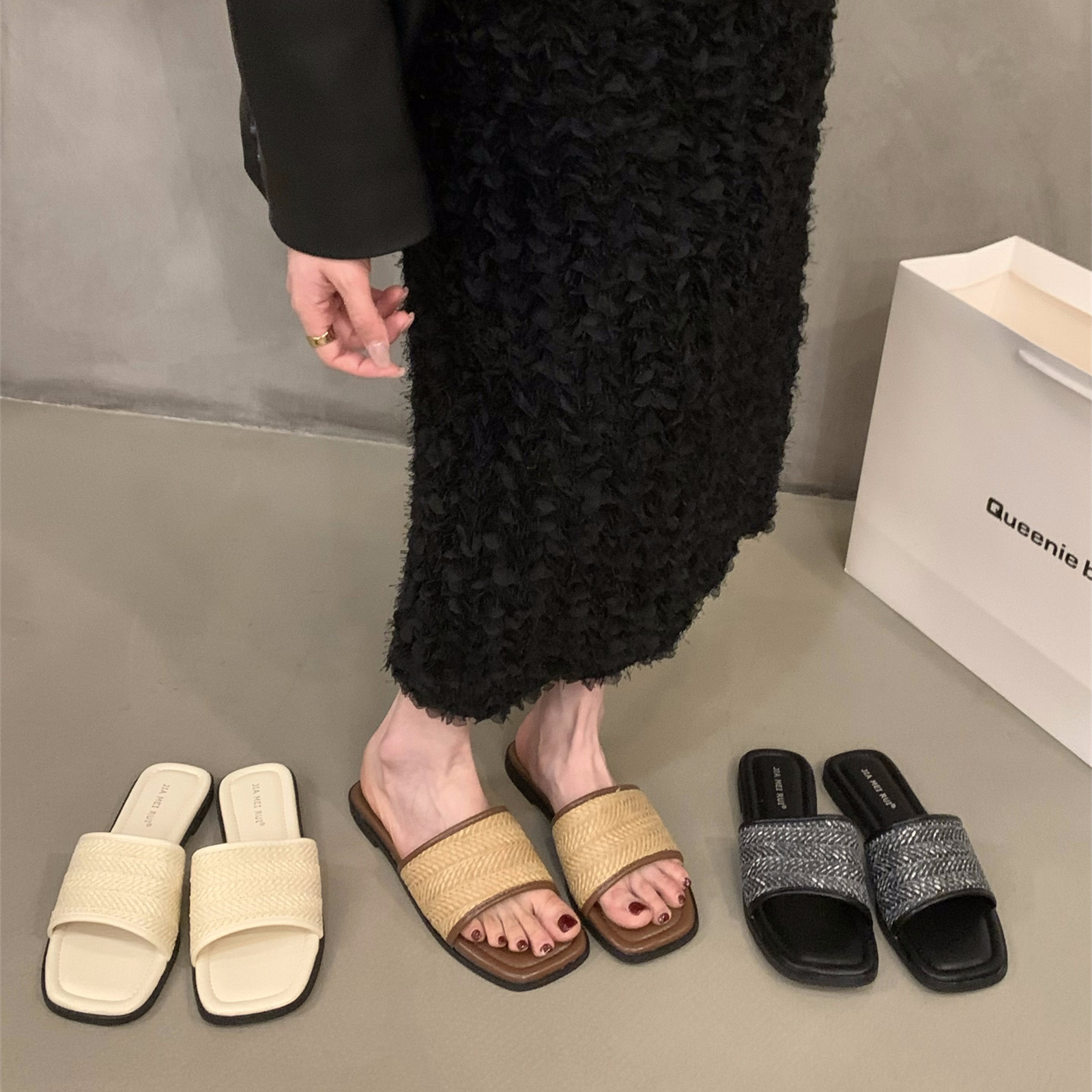 JIA MEI RUI Flat Woven French Small Sandals Women's Shoes Outer Wear Soft-soled Beach Sandals