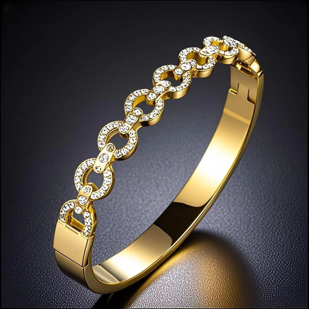 Cross-Border Stainless Steel Bracelet for Women, High-End Electroplating, Non-Fading Circle Diamond Bracelet, Titanium Steel European and American Popular Bracelet