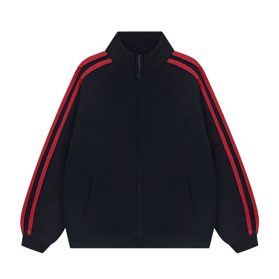 Picture of Korean version of the contrast color stand collar zipper sweater custom LOGO print three bar cardigan jacket overalls fleece-lined jacket