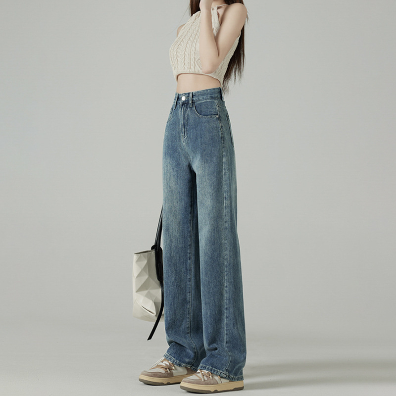 plus size Vintage Vibe Style Casual High Waist Dip Jeans Women's Flesh Covering Nostalgic Straight Dipped Loose Long Pants