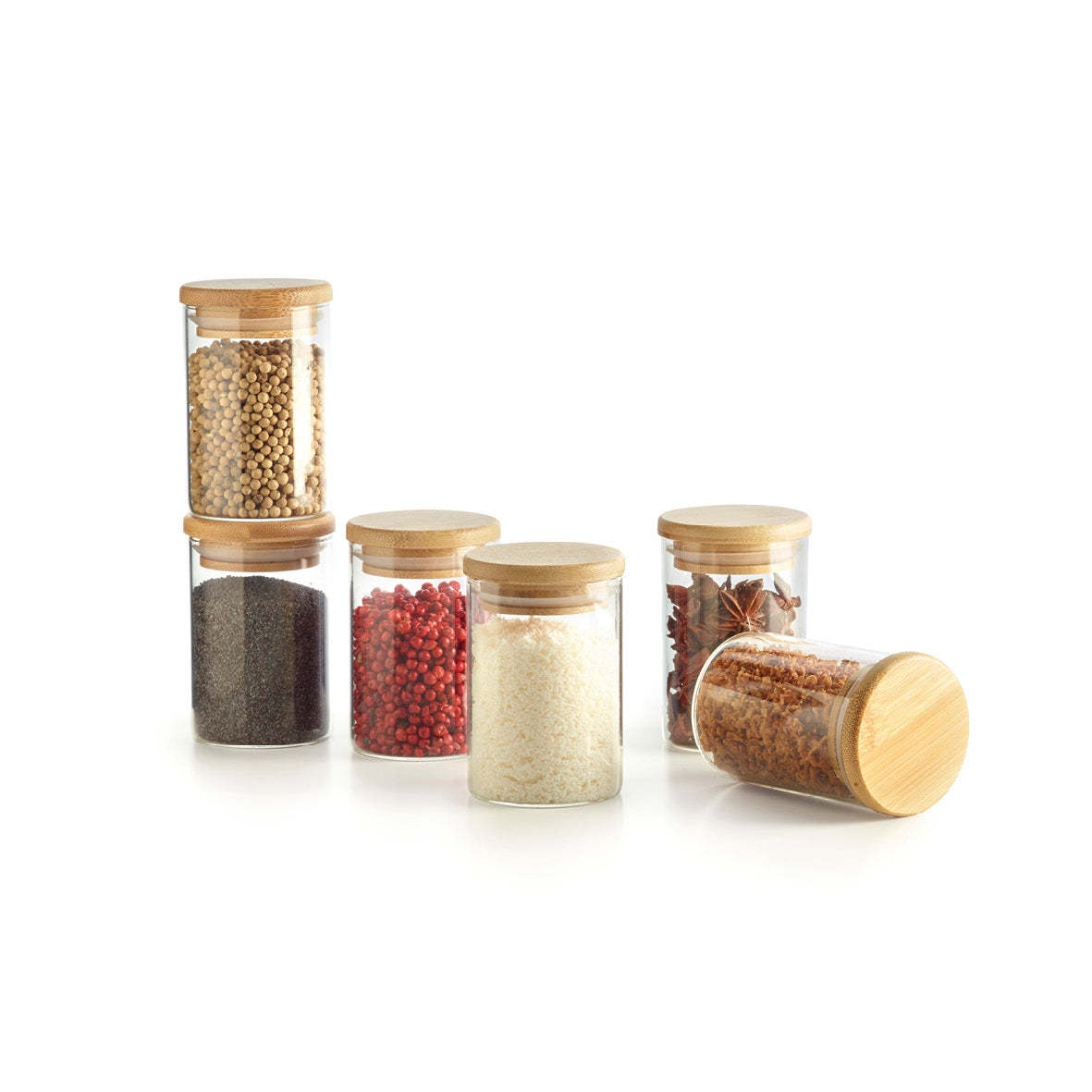 Picture of Cross-border 6-piece set 250ml transparent round glass jar kitchen storage jar seasoning storage jar sealed jar with bamboo lid