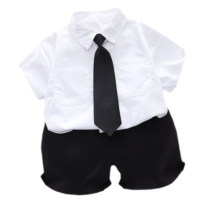 children's 2024 Summer new short-sleeved shirt set 1-5 years old boy handsome tie two-piece set