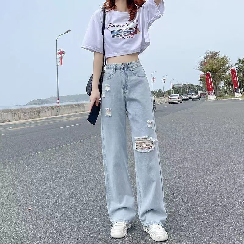 Ripped High Waist Jeans Women's Summer Thin Straight Loose 2025 New Slimming Wide Leg Dagging Pants