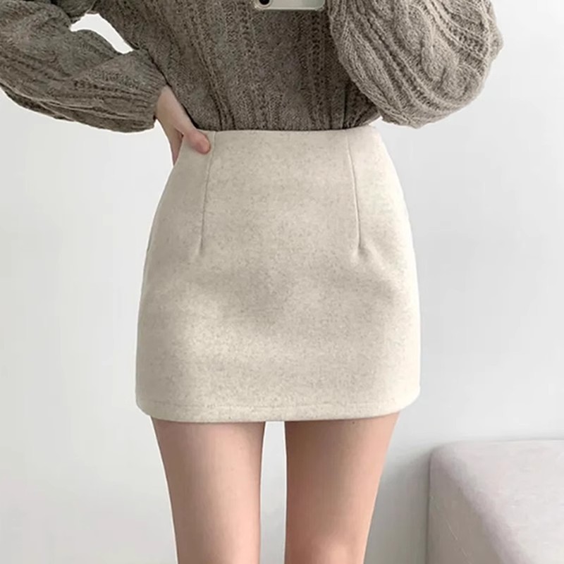 Woolen 2024 Autumn and Winter Versatile One-Step Work Clothing Hip Skirt for Women Petite New Woolen Skirt Short Skirt Apricot Color