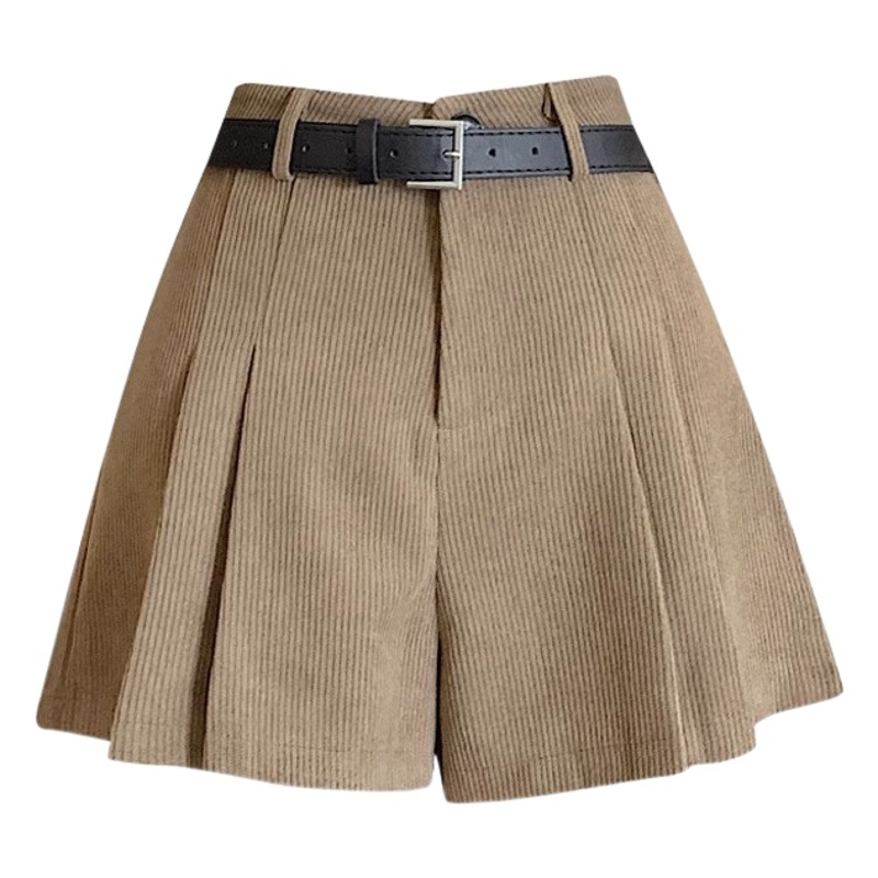 Corduroy Shorts for Women 2023 Autumn and Winter High-Waisted Pleated Wide-Leg Pants Retro Loose Casual A-Line Pants High-Waisted Slimming