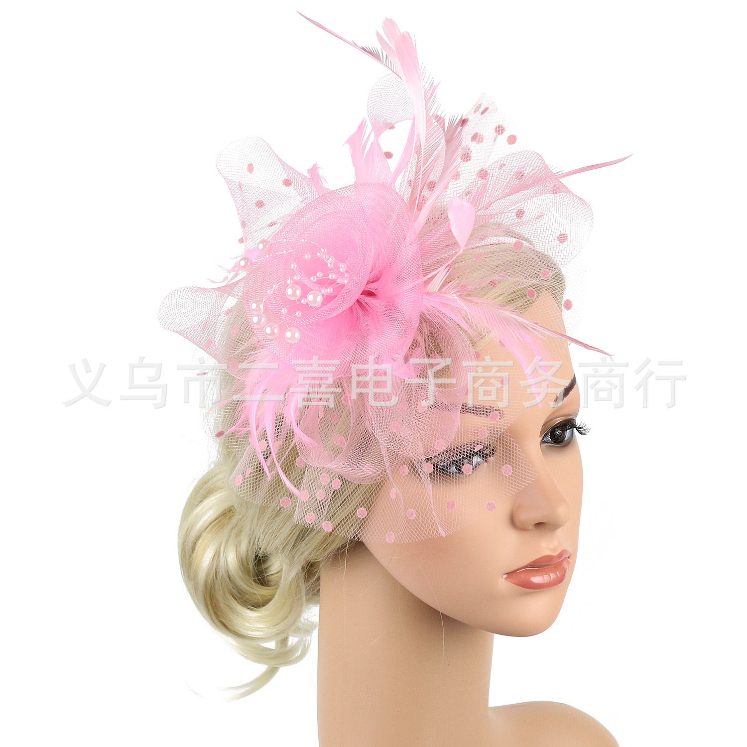 Picture of European and American Popular Amazon Feather Headdress Bridal Hair Accessories Mesh Top Hat Jockey Club Hair Accessories Hairpin Headband