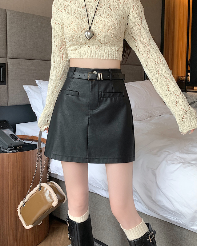 Picture of Black Leather Skirt Women's Spice Girl Skirt 2024 Autumn and Winter High Waist Straight Tube Slimming Tall A- word Anti-glare PU Skirt
