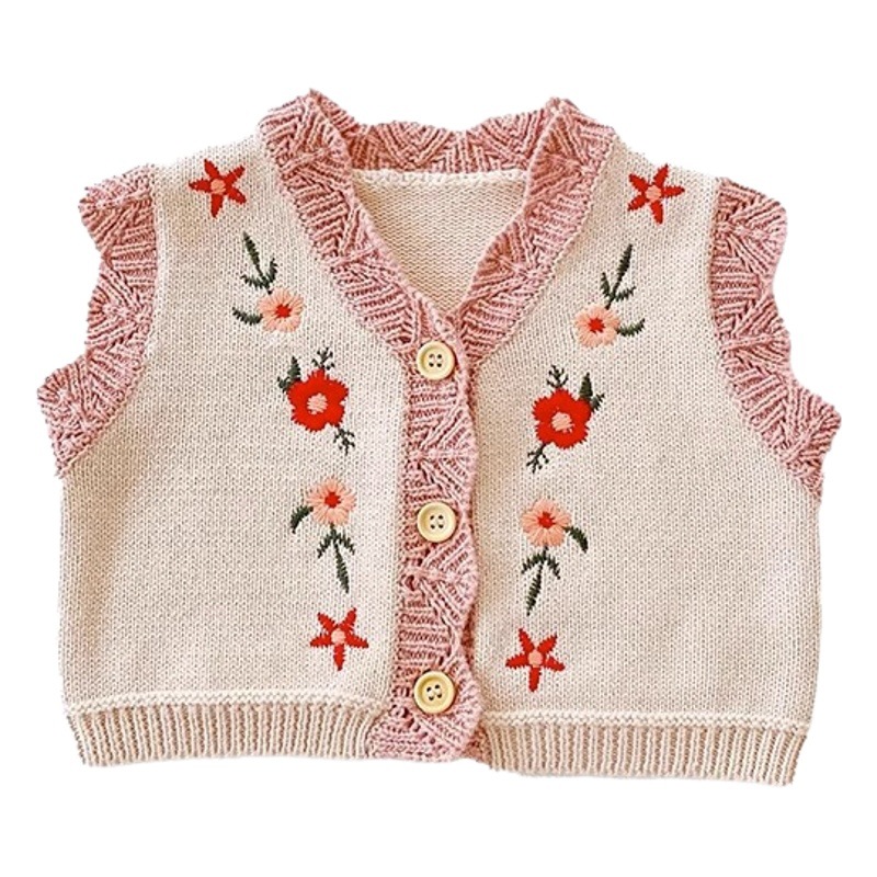 Baby Vest Knitwear Floral Embroidered Girls' Clothes Waistcoat Cardigan Baby Sweater Vest Fashionable Jacket Korean Style