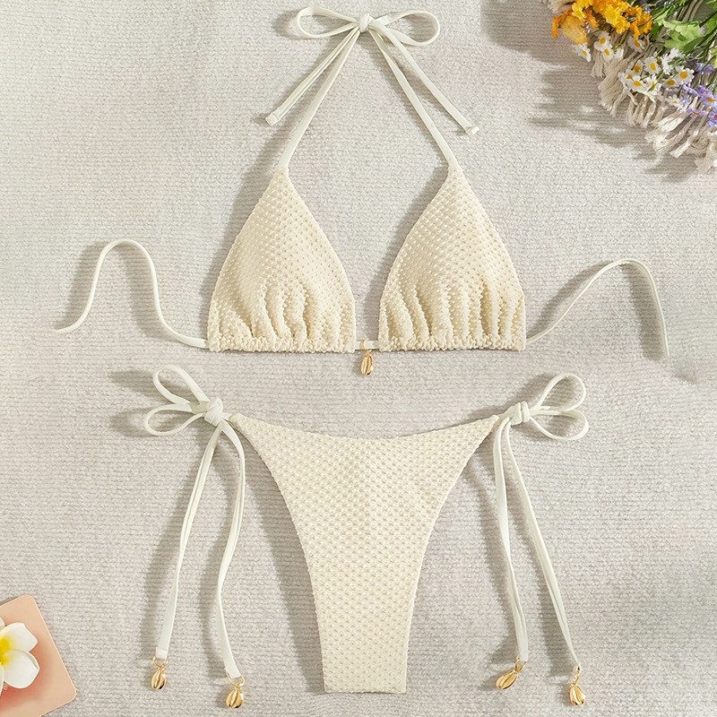 2025 Amazon European and American Shell Lace-up Split Swimsuit Women Sexy Bikini Solid Color Hot Spring Beach Swimsuit bi