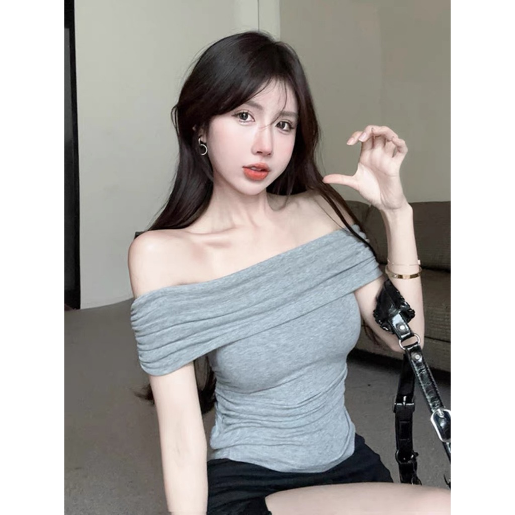 Picture of One-Shoulder T-Shirt, Slim Fit, Tight-Fitting, Waist-Cinching, Short Top, Sexy Hot Girl Base Shirt, Top for Export