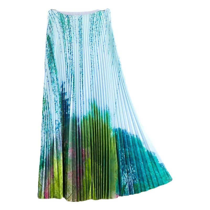 Miyake Elegant Pleated Women's Fashion Wicker Green Leaf Printed Short-sleeved Top High Waist Skirt Fresh Two-piece Set for Women