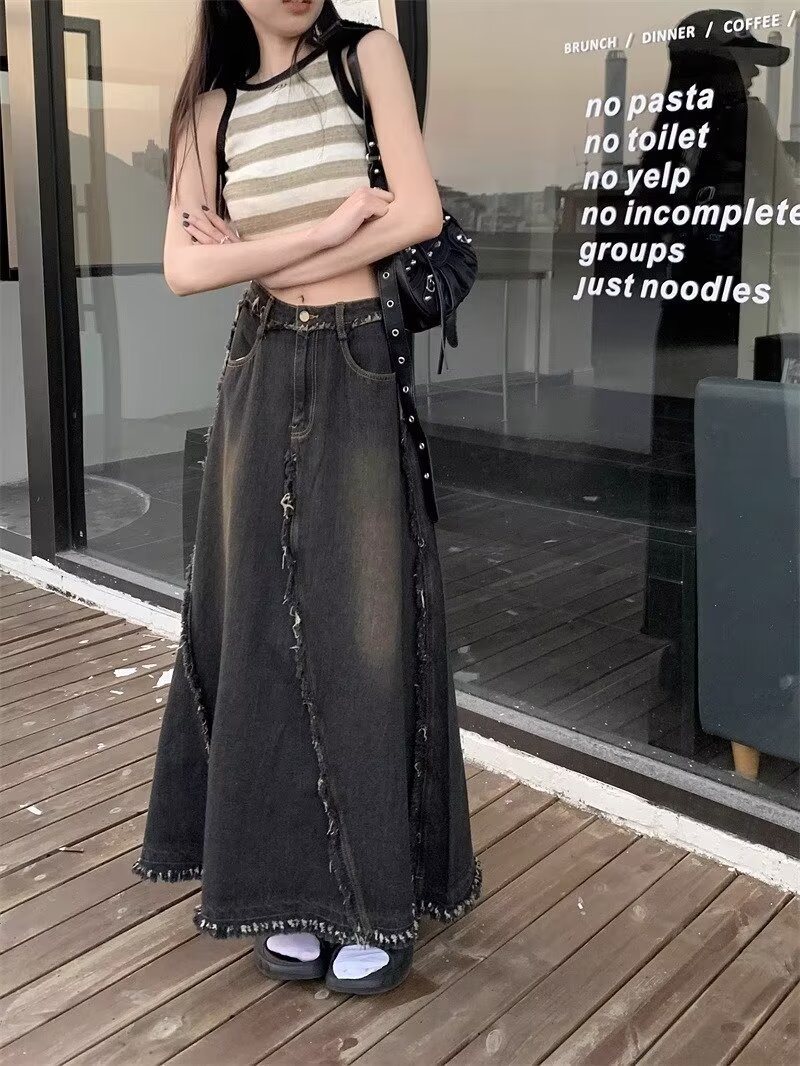 Black Denim Skirt Long Skirt Women's 2025 Spring and Autumn New Versatile A- shaped Thin Skirt Skirt