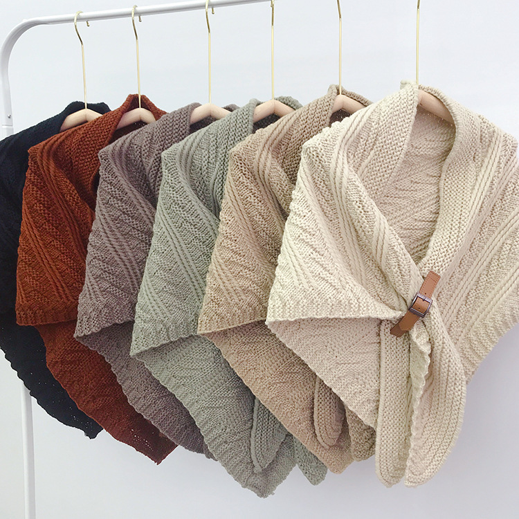 New Korean Style Cut Out Leather Buckle Large Triangle Shawl Cape Pure Color Warm Decorative Scarf Slit Large Triangle Scarf for Women