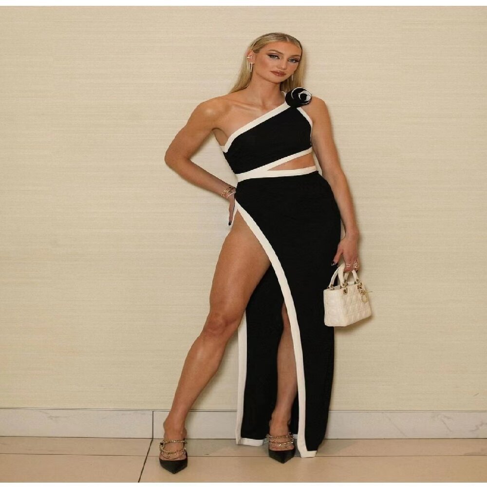 2025 new European and American women's sexy backless hollow shoulder dress three-dimensional flower bandage split dress
