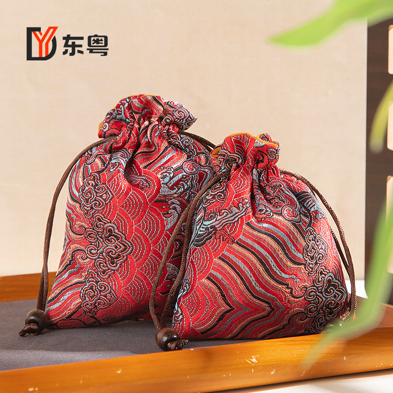 Vintage Drawstring Wave Pattern Brocade Jewelry Bag Wen Play Handstring Jewelry Storage Bag Buddha Beads Emerald Jewelry Gift Bag