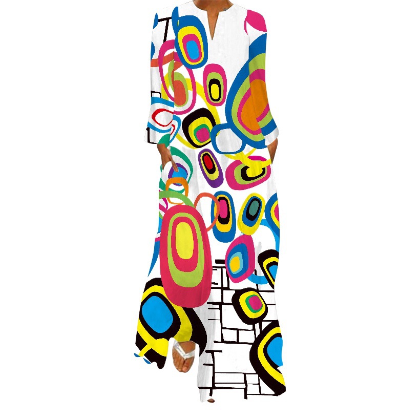 2024 spring and autumn Europe Amazon cross-border new European and American women's printed long sleeve dress small V-neck dress